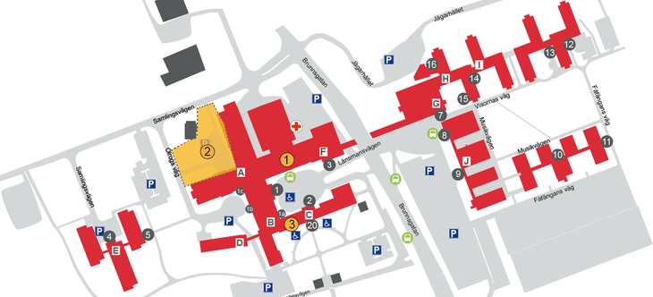 Karta över Nyköpings lasarett som visar pågående byggprojekt